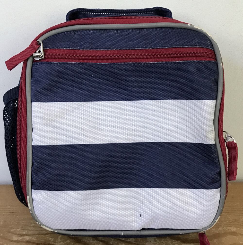 Pottery Barn Kids Navy Blue White Striped Washable Zip Up Lunch Bag Box 9"